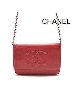 Chanel CC Logo Caviar Leather Chain Shoulder Wallet Red